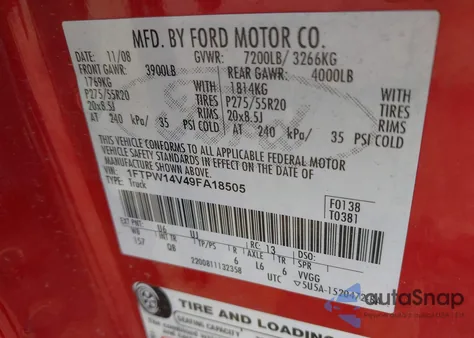 2009 Ford F-150 Fx4/King Ranch/Lariat/Platinum/Xl/Xlt из США, поврежденный, VIN 1FTPW14V49FA18505